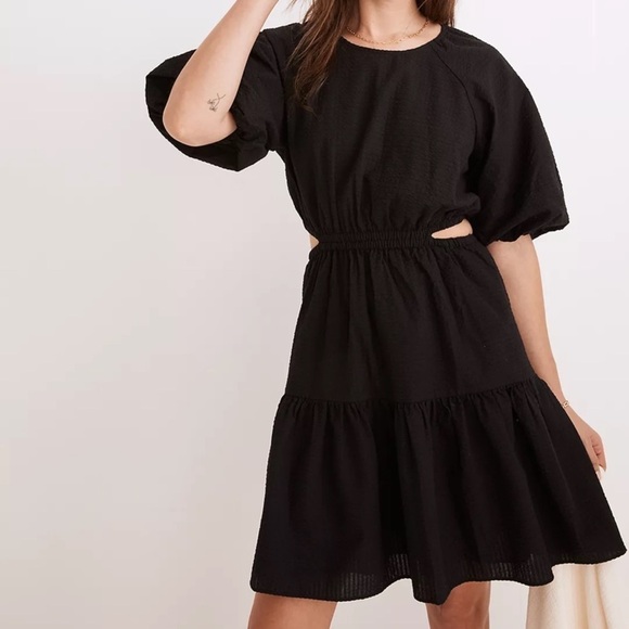 NEW Madewell Seersucker Puff-Sleeve Cutout Mini Dress - Picture 1 of 5